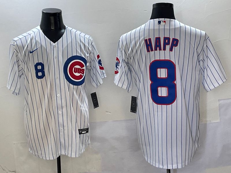 Men Chicago Cubs #8 Happ White Stripe Game Nike 2025 MLB Jersey style 3